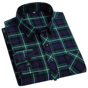 Imagem de Camisa xadrez masculina de manga comprida com bolso único e ajuste padrão de flanela, 7722, PP