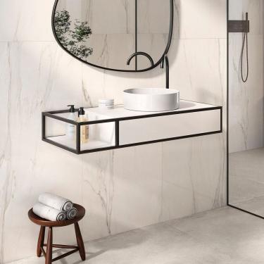 Imagem de Cuba Esculpida de Porcelanato para Banheiro Alto Padrão 100x42x16cm Acetinado Branco