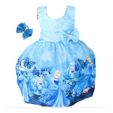 Imagem de Vestido Infantil Luxo Cinderela Meninas Princesa Azul Tiara - Pingo de