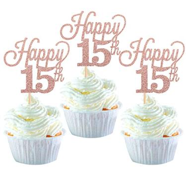 Imagem de Pacote com 30 capas de cupcake Happy 15th Cupcake Glitter número 15 quinze anos decorações para festas de aniversário de 15 anos de aniversário de casamento em ouro rosa