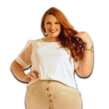 Imagem de Blusa Feminina Manga Tule Tecido Visco Plus Size - Amoplus, Branco, G