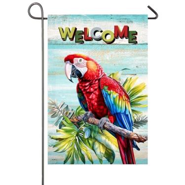 Imagem de Bandeira de jardim de verão papagaio vermelho bandeiras de quintal para exterior 30 x 45 cm plantas tropicais dupla face decoração ao ar livre faixa de pássaro de verão palmeira tropical decorações de