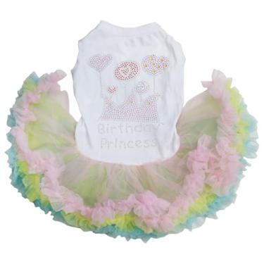 Imagem de Petitebella Vestido de aniversário com coroa de strass para cachorrinho de princesa (branco/arco-íris, médio)