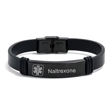 Imagem de YLYYJ Naltrexone Pulseira de couro médica preta para homens, pulseiras de alerta médico de emergência, conscientização, alerta de alergia, identificação, pulseiras, caduceu, sistemas de monitoramento