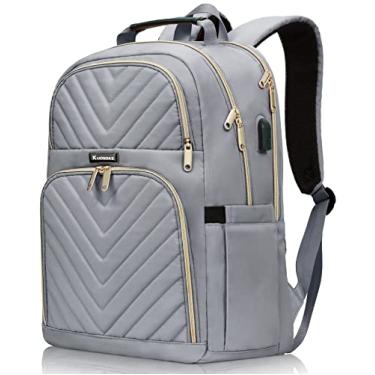 Imagem de Mochila para laptop para mulheres, bolsa grande para laptop de 17,3 polegadas para meninas, moda acolchoada à prova d'água bolsa escolar universitária com porta de carregamento USB, mochila feminina para laptop de viagem mochila casual, cinza