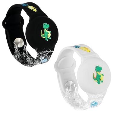 Imagem de SAVITA 2 pulseiras infantis para AirTag, pulseira com estampa de desenho animado de dinossauro, impermeável, para idosos, ajustável, antiperda, para AirTag, suporte para ocultar GPS Tracker (preto,