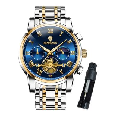 Imagem de BINBOND Relógio masculino cronógrafo de luxo para negócios, aço inoxidável, volante, multifuncional, fase da lua, relógio de pulso masculino à prova d'água luminoso, Dourado, azul, relógios masculinos