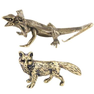 Imagem de SnowOwl 2 peças de guarda-chuva dourado lagarto e raposa escultura vintage de latão estatuetas de animais estátua Feng Shui ornamento para decoração de mesa de jardim e escritório em casa