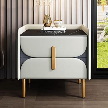 Imagem de Mesa de cabeceira inteligente moderna para quarto, carregamento sem fio, com luz LED de indução e 2 gavetas de armazenamento para móveis de quarto/escritório, armário de armazenamento de couro R