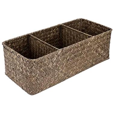 Imagem de Cesta de armazenamento de vime, cesta de vime 30 x 12 x 12 x 9 cm, feita à mão, 3 compartimentos, organizador de cesta rural para cozinha, banheiro, sala de estar, organizador de cestos