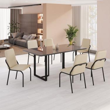 Imagem de Conjunto Sala De Jantar Mesa 160x90cm Base Lunna Tampo Mdf Laca Com Vidro Malibu Creme Preto