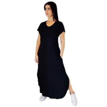 Imagem de Vestido feminino plus size camisetão longo maxi soltinho na cor preto 