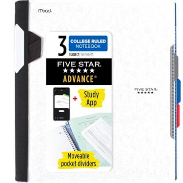 Imagem de Five Star Caderno espiral Advance Plus Study App, 3 assuntos, papel pautado universitário, 28 x 21 cm, 150 folhas, com protetor espiral e divisórias móveis, branco, 1 unidade (73142)