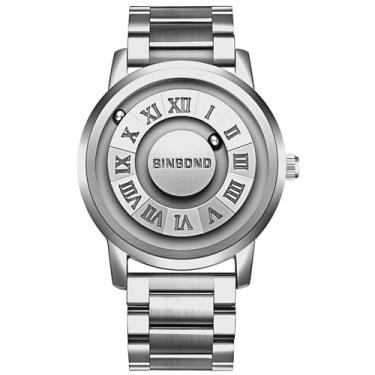 Imagem de JewelryWe Relógio masculino de quartzo magnético: preto 3 ATM à prova d'água sem design de lente mostrador numeral romano pulseira de aço inoxidável futurista ponteiro bola conceito relógio de pulso