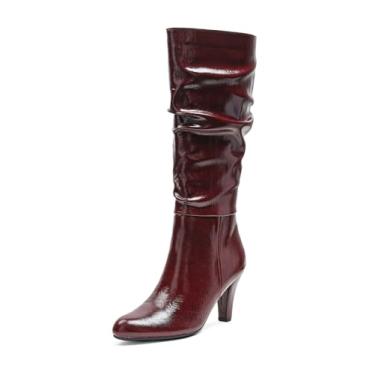 Imagem de Botas de cano alto femininas elegantes salto baixo bico quadrado zíper lateral outono botas longas altas para mulheres, Vinho, 37
