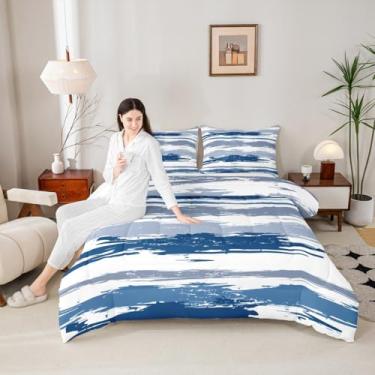 Imagem de Erosebridal Conjunto de edredom Queen abstrato azul marinho, moderno, cinza, listrado, para homens, meninos, geométrico, estético, pintura a óleo, edredom minimalista, simples, aquarela