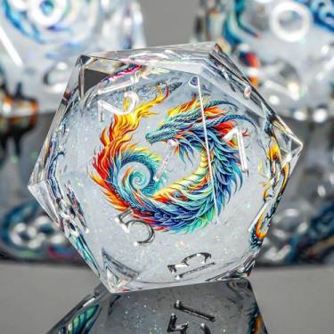 Imagem de Roycevon Dragon Pattern Liquid Core DND Dice Set, 7Pcs Sharp Edge D&D Dice with Gift Box, White Resin Dungeons Dragons D and D Role Playing Dice D20 D12 D10 D8 D6 D4