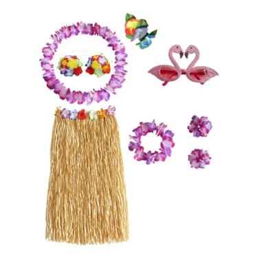 Imagem de Dynwave Acessórios de fantasia de óculos de saia de grama dançarina havaiana para festival de praia, Comprimento da saia 80cm