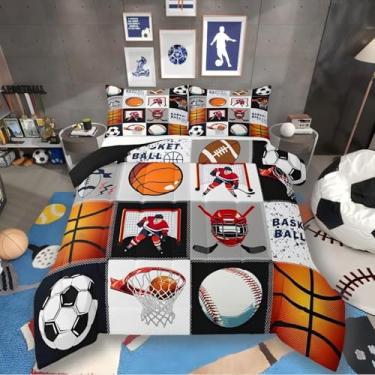 Imagem de Erosebridal Jogo de cama com edredom queen de basquete e beisebol, futebol americano, adolescentes, bola esportiva, jogos de rúgbi, campo de futebol, basquete, colcha