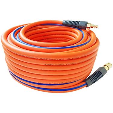 Imagem de SANFU Mangueira híbrida de PVC/borracha 3/8" ID x 30,5 m, durável de 300psi, leve, compressor de ar com acoplador e plugue de latão industrial de 0,63 cm, restritores de dobra, laranja (300')