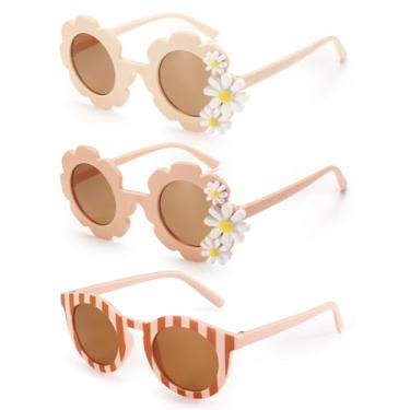 Imagem de Óculos de sol infantil floral para meninas, margarida, redondo, para bebês de 2 a 4 anos, meninas de 10 a 12 anos, Branco arroz, rosa e listrado, Small