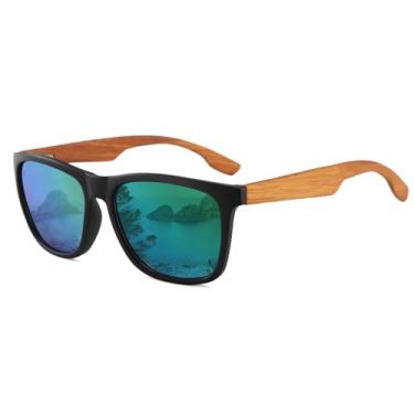 Imagem de Long Keeper Óculos de sol clássicos de madeira para homens e mulheres, retrô, preto, braços de madeira, espelhados, óculos de sol UV400 escuros, Armação preta - Lente espelhada verde