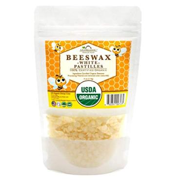 Imagem de US Organic Pastilhas brancas 100% puras de cera de abelha, certificação USDA, para velas DIY, protetor labial, creme corporal, loção, desodorante, giz de cera e muitos outros usos. 113 g (pequeno)