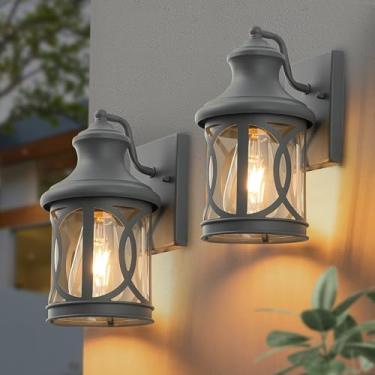 Imagem de Laplusbelle Pacote com 2 lâmpadas de parede externas, luzes de varanda, arandela de parede externa à prova d'água, luminária externa acabamento cinza com sombra de vidro transparente para garagem