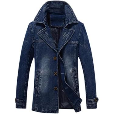 Imagem de Jaquetas Jeans Blazer Homens Casaco Trench Coat Seção Longa Casaco Fit Sobretudo Jeans Jaqueta Outerwear, Blue, L
