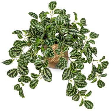 Imagem de Briful Plantas falsas para ambientes internos de 45 cm Peperomia de melancia em vaso dourado com folhas verdes de seda realistas, planta artificial em vaso para casa, escritório, mesa, prateleira