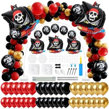 Imagem de Kit de arco de guirlanda de balão de festa pirata de Halloween vermelho preto dourado suporte de coluna de balão ajustável para vela marítima aventura tema capitão oceano festa de aniversário chá de