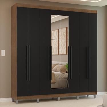 Imagem de Guarda-roupa Casal Com Pés 8 Portas Batentes Com Espelho Rustic-preto-preto Venus Madesa