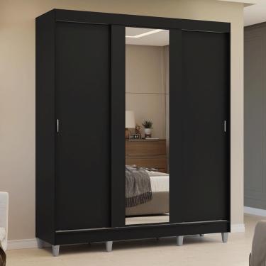 Imagem de Guarda-roupa Casal Com Pés 3 Portas De Correr Com Espelho Preto Reno Madesa