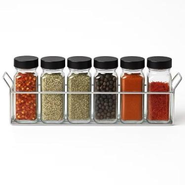 Imagem de Kit 6 Potes De Vidro Porta Tempero e Condimentos +Suporte Para Temperos Aço Inox