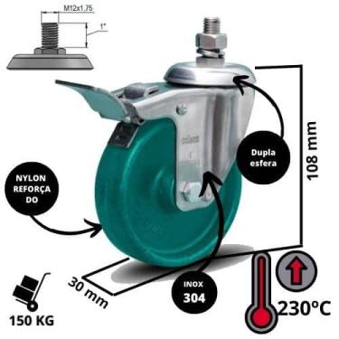 Imagem de Rodízio Inox Giratório 3 Pol. com Freio e Roda de Nylon - 150 Kg - Col