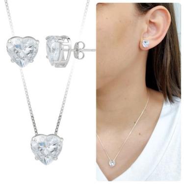Imagem de Kit Colar Brinco Prata 925 Coração Cristal Zircônia banhado - Morganit