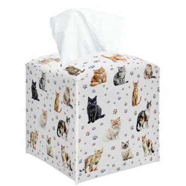 Imagem de Capa de caixa de lenços quadrada de gato e pata fofa, suporte de caixa de lenços decorativa para quarto, banheiro, cozinha, escritório, bancada, organizador de papel facial de couro -03