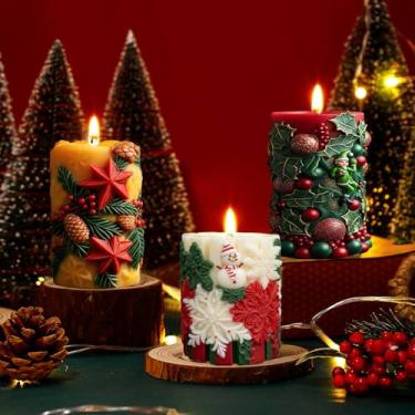 Imagem de LemonRoad 3 moldes de vela de Natal, moldes de silicone 3D em relevo para fabricação de velas, boneco de neve, bagas de pinheiro, pilar, velas esculpidas, molde de fabricação de moldes, molde de sabão