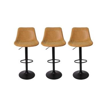 Imagem de Conjunto 3 Banquetas Altas Estofadas Para Cozinha Balcão Bancada Ilha Giratória Roma Caramelo Vintage
