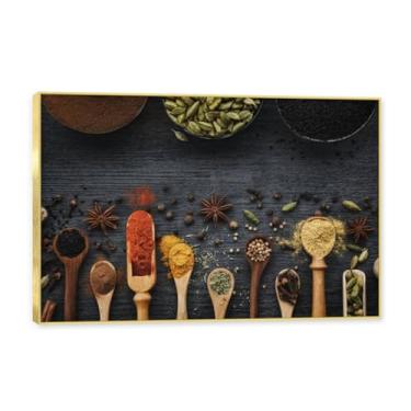 Imagem de NHLDZYH Moldura dourada. Arte de parede em tela de especiarias coloridas e colher de tempero | Decoração de cozinha vintage | Arte moderna para casa e sala de jantar. B21. 80 x 120 cm - 31,5 x 47,3