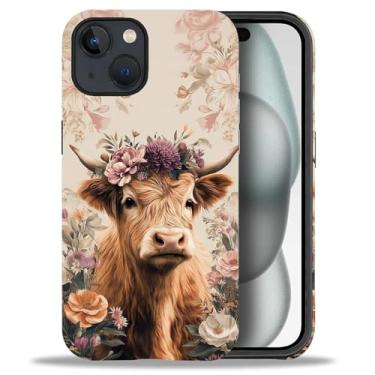 Imagem de CARLOCA Capa fosca de corpo inteiro compatível com iPhone 15 para meninas e meninos, capa rígida à prova de choque para iPhone 15, estampa moderna, folhas de flores, coroa, vaca das terras altas