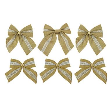 Imagem de Conjunto de 6 laços de estopa de feriado com detalhes em renda branca! Perfeito para decoração de festas!, 6 Burlap Bows