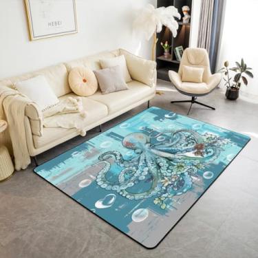 Imagem de Feelyou Tapete de área de polvo infantil 7 x 12 cm, vintage, abstrato, para sala de estar, para meninos, meninas, adolescentes, decoração de quarto, azul, bagunçado, enferrujado, conjunto de tapetes