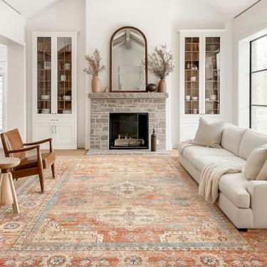 Imagem de BEIMO Tapetes de área para sala de estar 20 x 25 cm lavável à máquina, tapete medalhão floral grande vintage para quarto e sala de jantar, tapete antiderrapante de chenille fino leve e resistente,