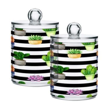 Imagem de Qilmy Pacote com 2 unidades de suporte Qtip com estampa de listras de cacto, frascos de boticário de 400 ml, vasilha organizadora de banheiro para pontas quinteiras, cotonetes, bolas de algodão
