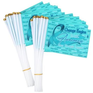 Imagem de Remagr 50 peças de bandeiras pequenas de conscientização sobre o câncer cervical de ovário, câncer de pulmão, PTSD, mini fita azul-petróleo para eventos de caridade, desfiles, festivais, celebrações