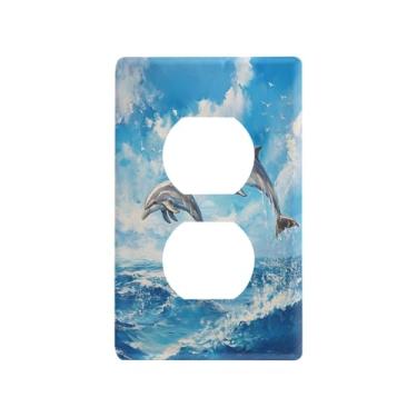 Imagem de Wassud Placa de cobertura de interruptor de luz Golfinhos no mar Capas de tomada decorativas placa de parede para tomadas elétricas duplex 12 x 7 cm