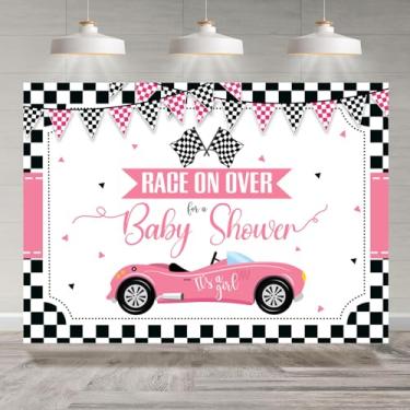 Imagem de Rsuuinu Pano de fundo para chá de bebê, corrida, é uma menina, rosa, carro, corrida, sobre fundo fotográfico para meninas, decoração de festa para chá de bebê, faixa de mesa de bolo, suporte de