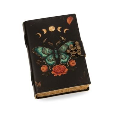Imagem de The Gifts Connect Diário Grimório de couro vintage Luna Moth com trava de fecho | Livro de feitiços e livro das sombras feito à mão | Jornal de bruxaria antigo com 240 bordas de papel