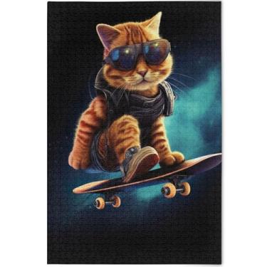 Imagem de Quebra-cabeças engraçados de skate de gato 500 peças para jogo adulto engraçado personalizado divertido família quebra-cabeça desenho animado animal arte, 52 cm x 37,8 cm